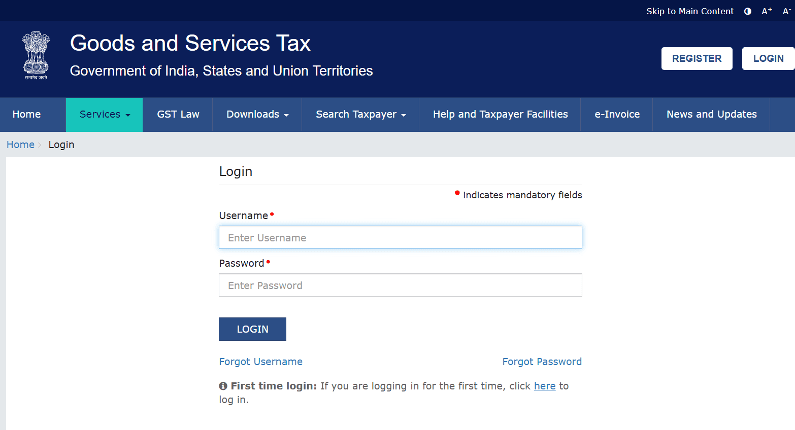 GST portal login page