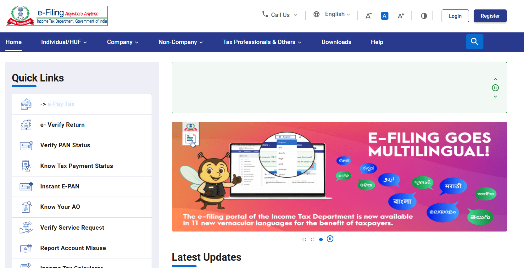 Income Tax e-Filing official website homepage