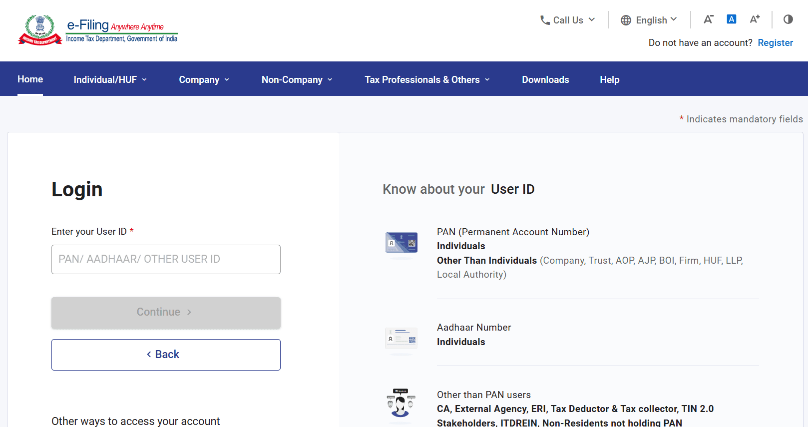 Income Tax dashboard after login